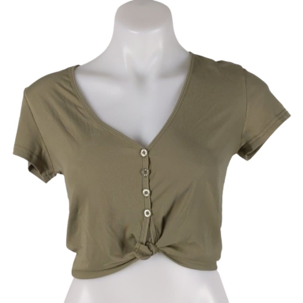 Valleygirl Top Size Med Khaki Green Short Sleeve Crop Ribbed Button Tie-up NEW - Picture 1 of 14